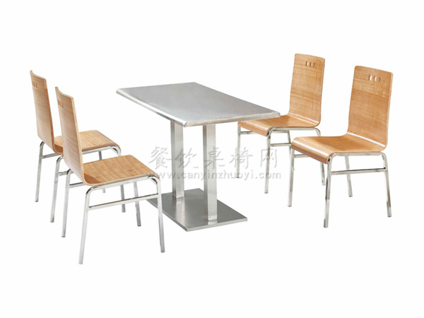 不锈钢餐桌，曲木快餐椅子